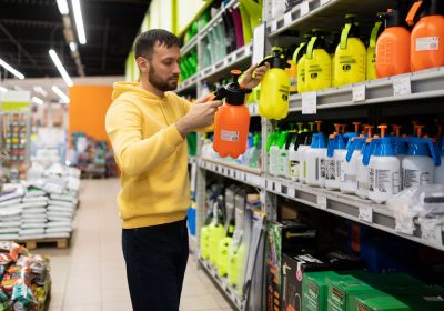 young man in a garden supply store chooses a garden sprayer young man in a garden supply store chooses a garden sprayer